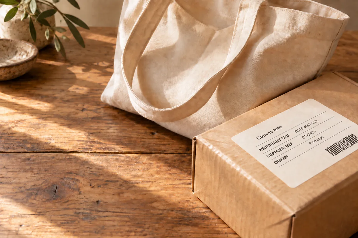 Canvas tote beside a parcel with an illustrative product-data label showing a merchant SKU, supplier reference and country of origin