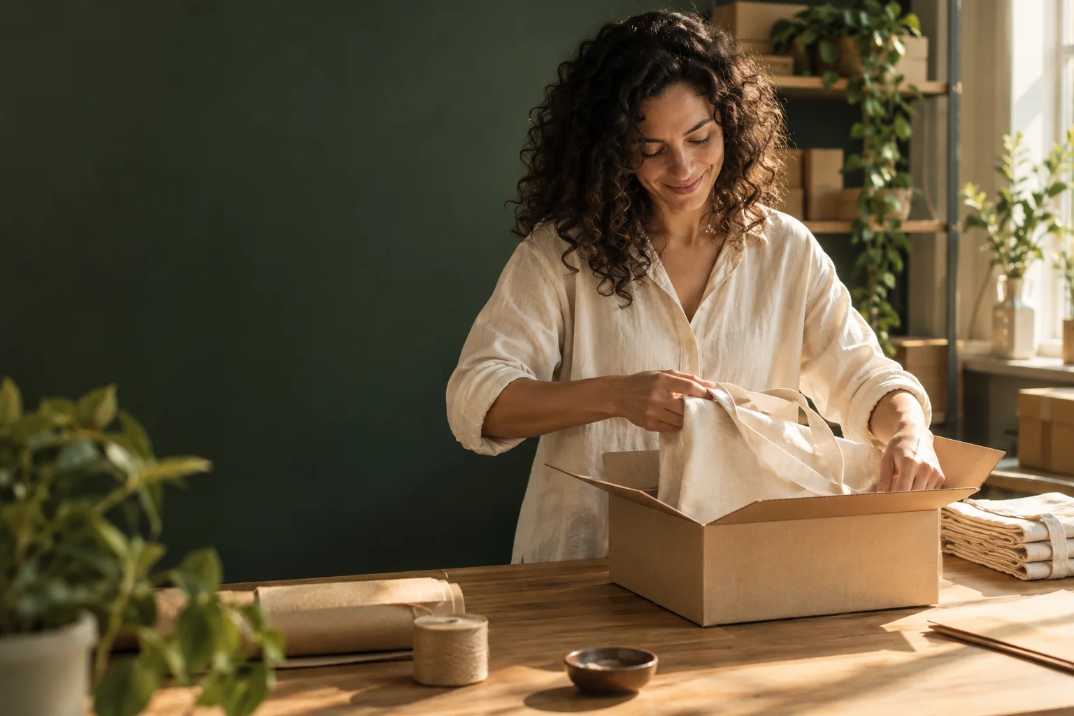 A small-business owner packing a canvas tote in a sunlit studio